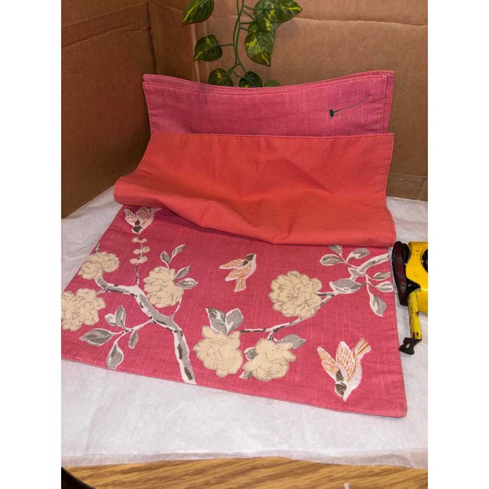 Pink Embroidered Bird Floral Placemats Set of 2 Chinoiserie Botanical Decor
